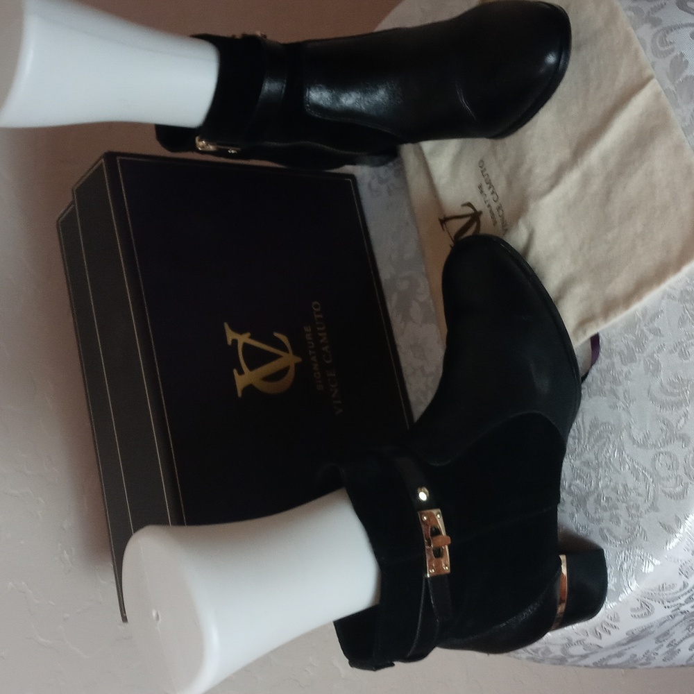 Vince Camuto Black Ankle Booties with Gold Buckle - Picture 2 of 7